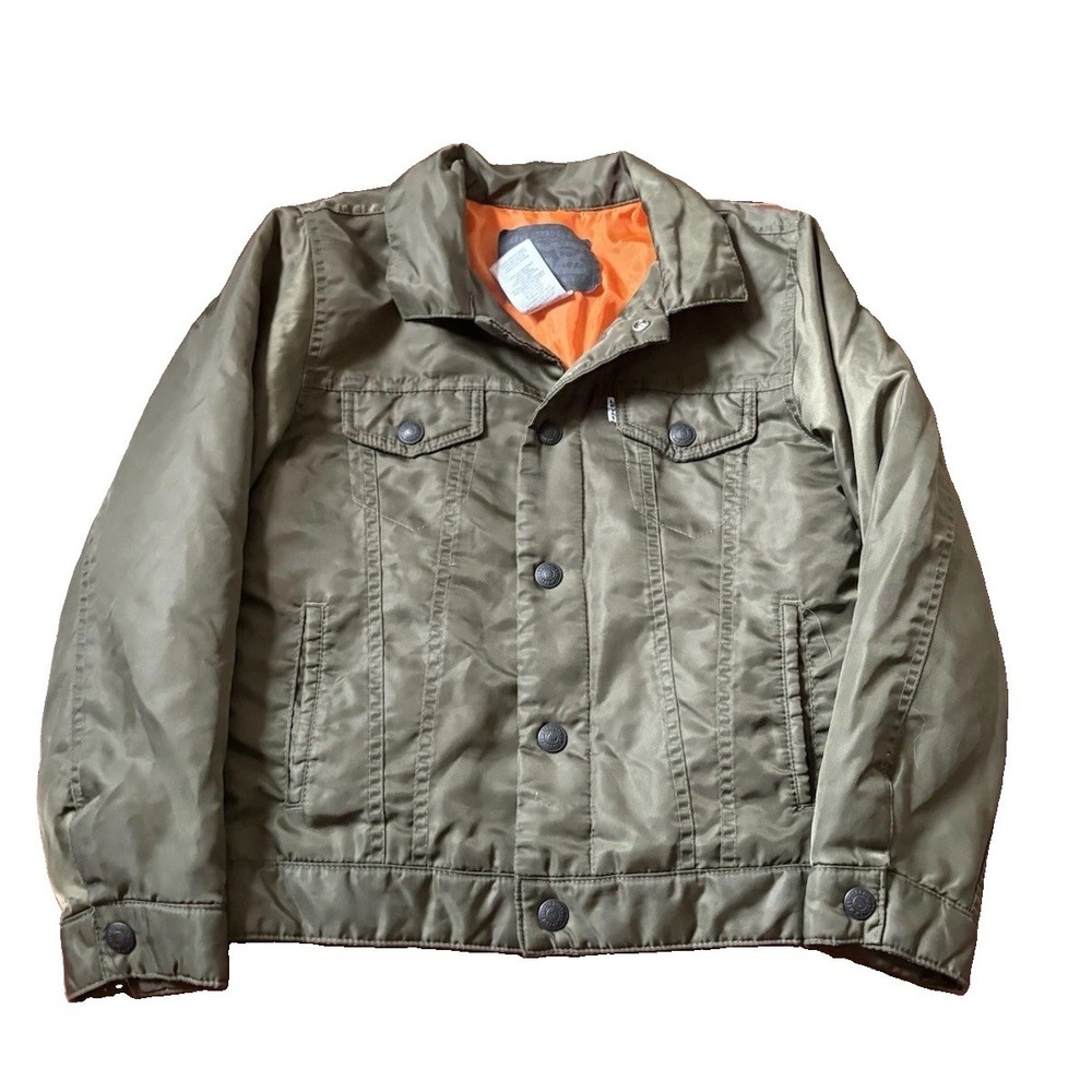 Levis Mens Bomber Jacket Small Green Full Zip Quilted Lining Trucker Flight Coat